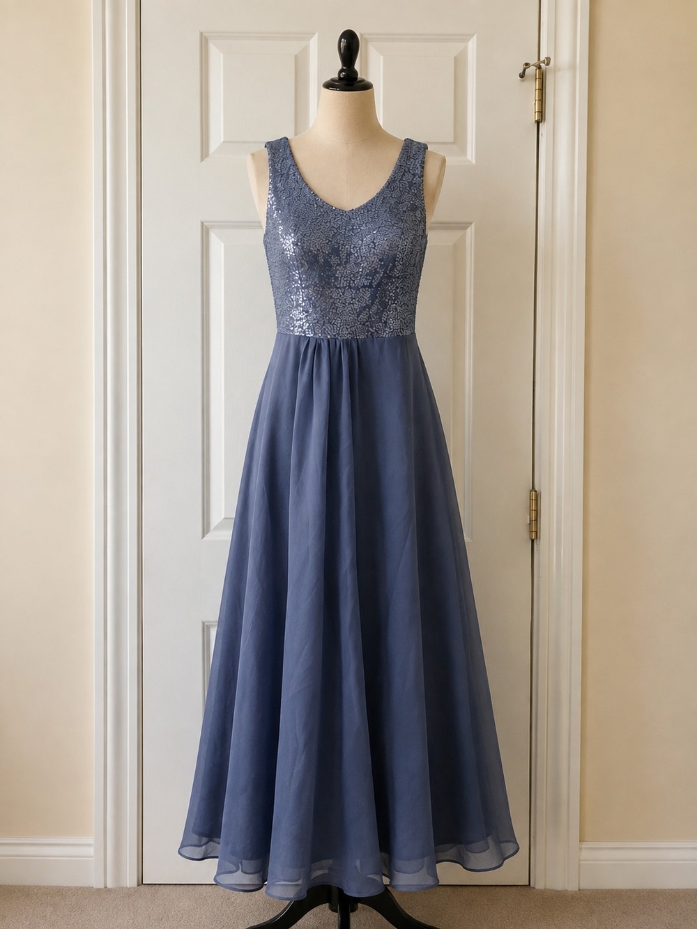 Sleeveless V-Neck Sequined Bodice Maxi Dress in Dusty Blue